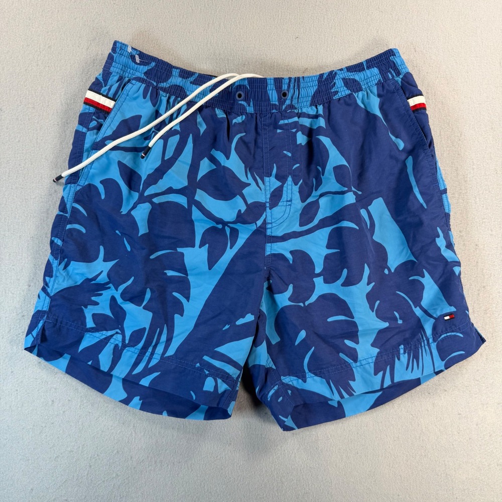 Tommy Hilfiger Mens Blue Tropical Leaf Print Swim Trunks Mesh Lined Large